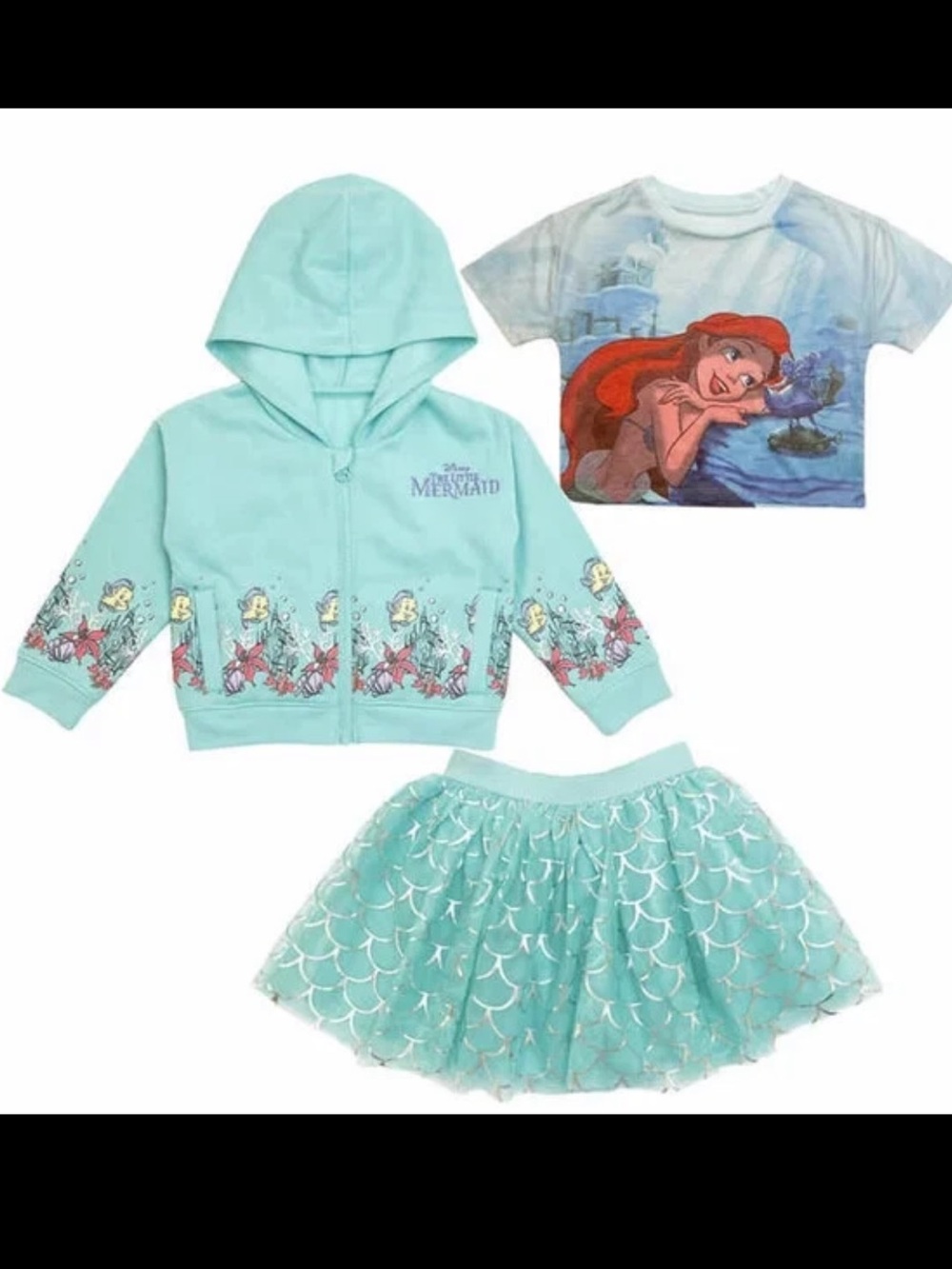 🆕 Disney The Little Mermaid Ariel shirt, hoddie and skirt size 2T
